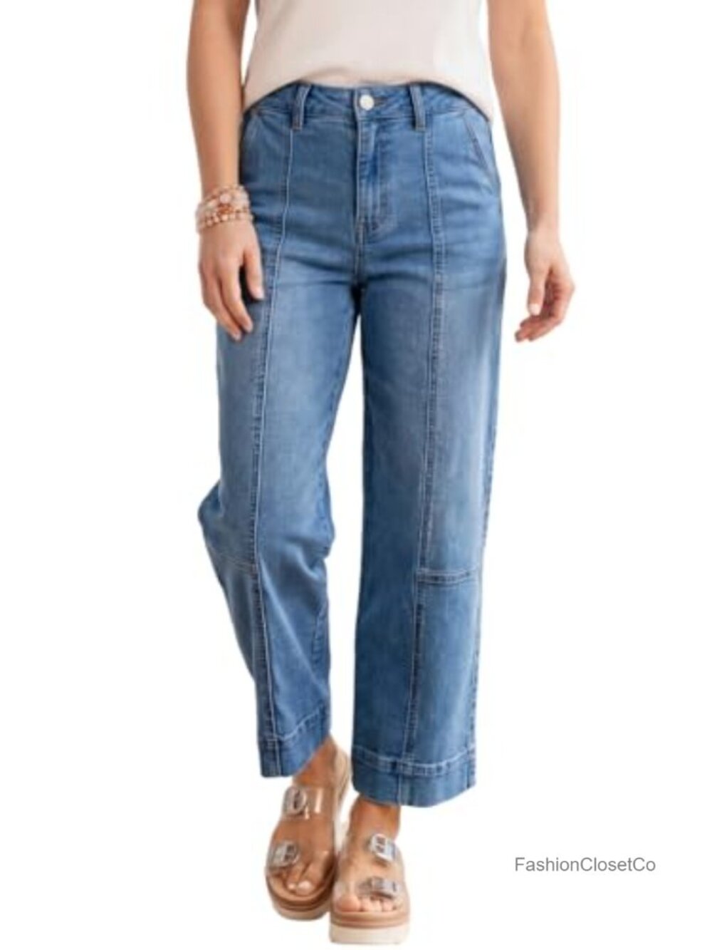 High Waisted Seamed Front Straight Leg Stretch Denim Jeans